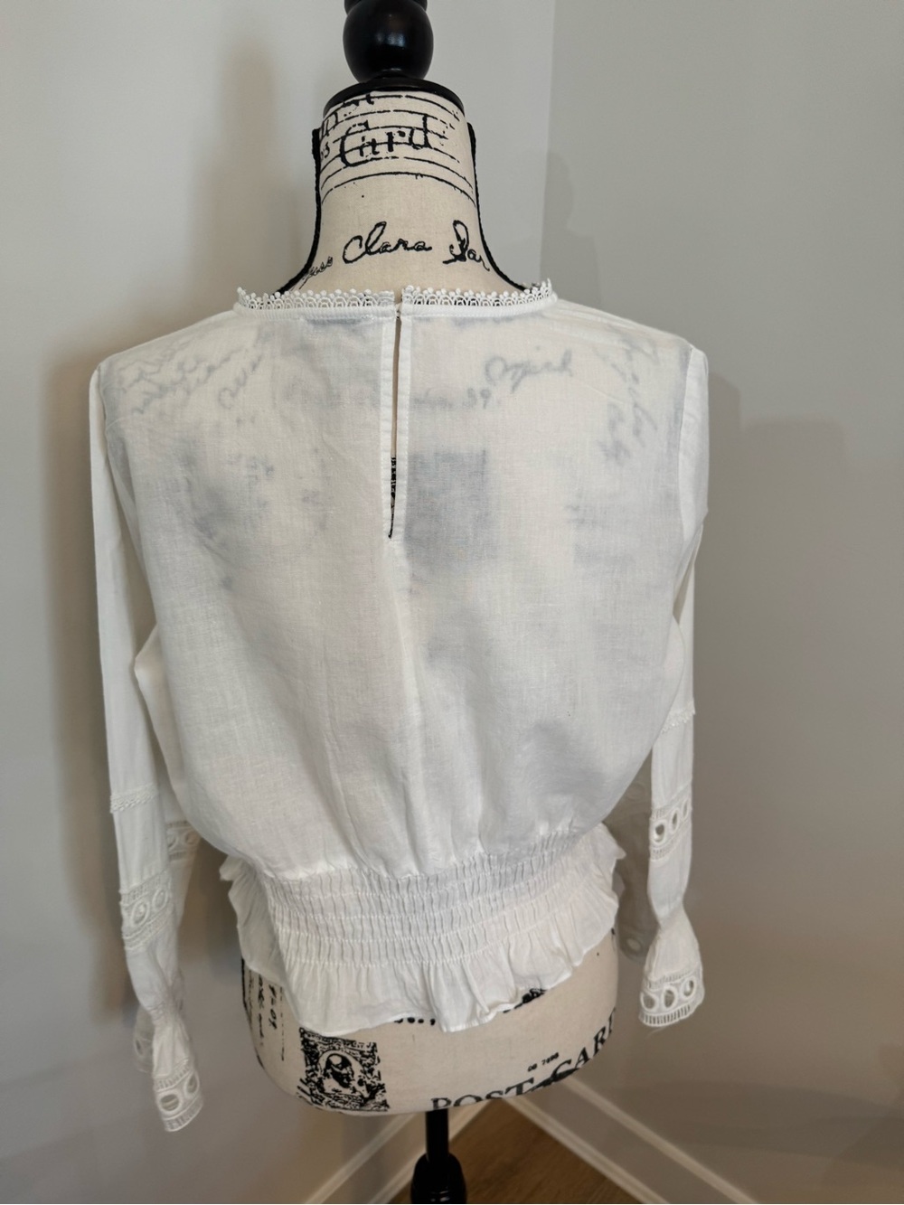 Lush White Eyelet Lace Blouse Small Boho Peasant Smocked Waist Romantic Cottage - Picture 6 of 11